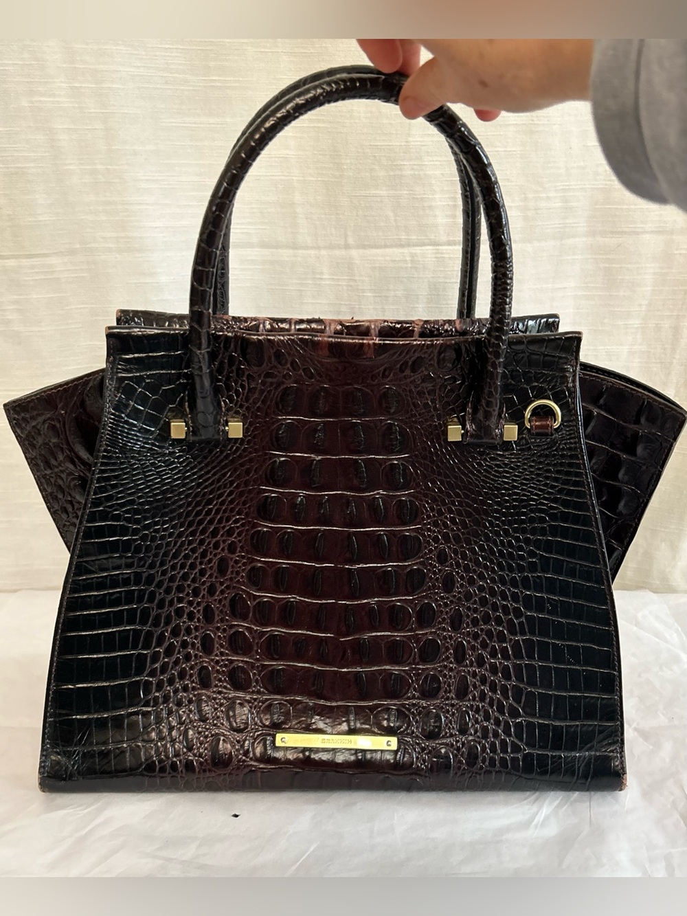 Brahmin Priscilla Classic Dark Brown Croc-Embossed Structured Satchel Handbag - Picture 13 of 16